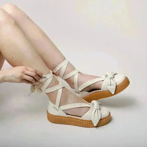 FENTY PUMA Women's 8.5 The Bow Creeper Sandals Cream Leather Lace Up Flatform